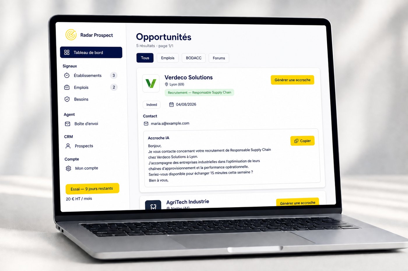 Interface Radar Prospect — emplois, signaux et accroche IA depuis votre boîte email