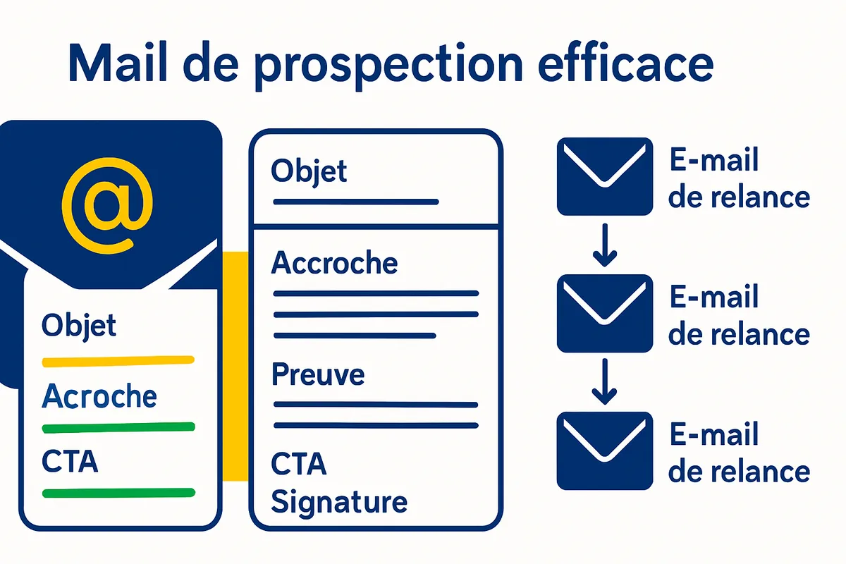 Infographie : structure d’un mail de prospection et séquence de relance